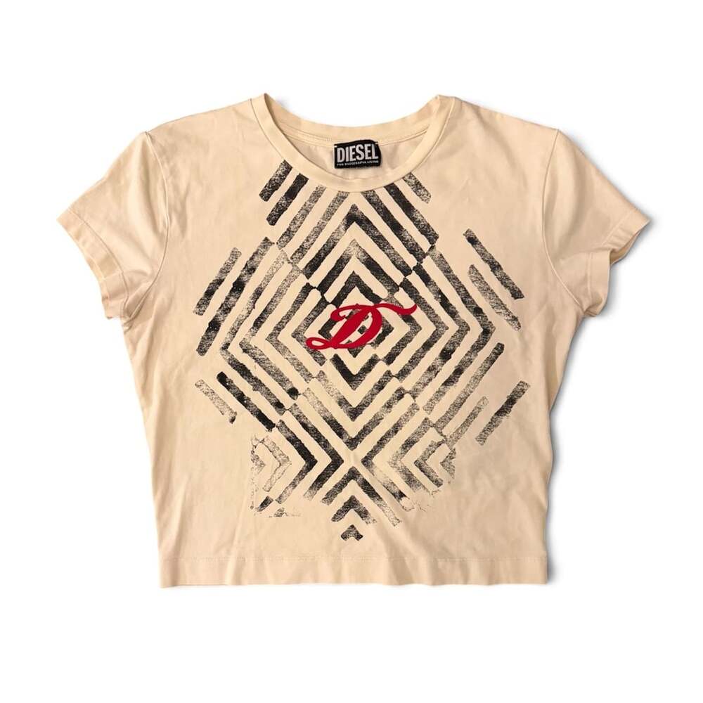 Diesel T-Uncutie Crop Top Size L Beige Graphic Logo Tee